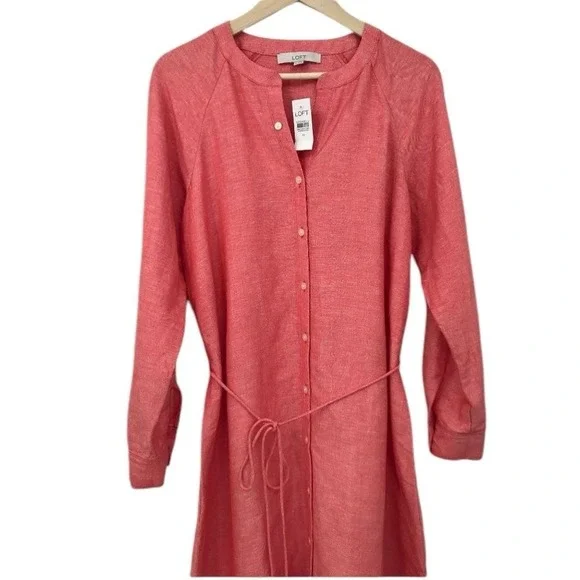 Loft Linen Blend Button Front Long Sleeve Tie Maxi Shirt Dress Coral‎ Size S - Picture 7 of 10